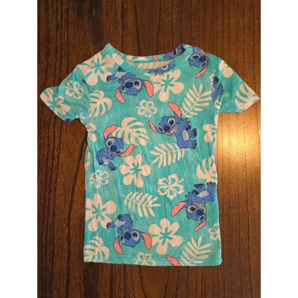 Disney Stitch Girls 5T T-Shirt Turquoise Hawaiian Floral All Over Print